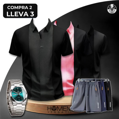 [PAGA 2, LLEVA 3] Camisa Polo Casual Italiana De Seda Hielo Y Poliéster + Regalos: 3 BERMUDAS Y UN RELOJ.